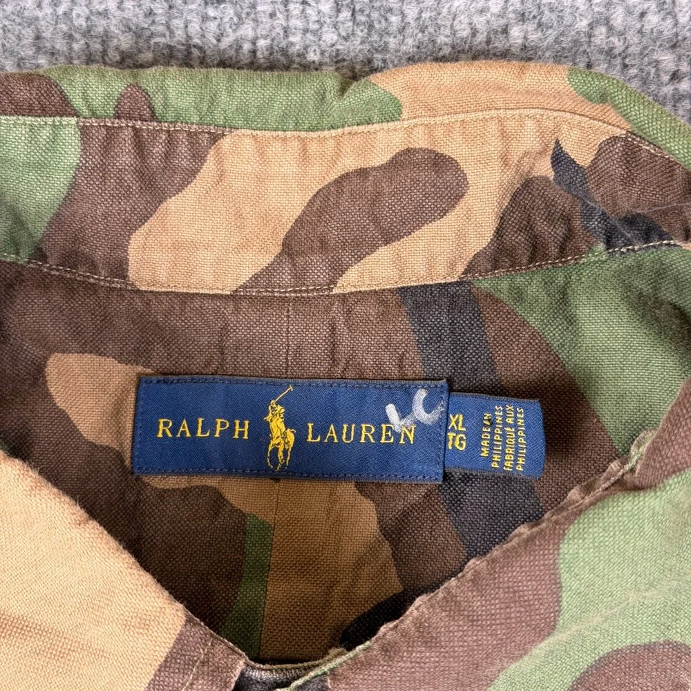 Polo Ralph Lauren Shirt Mens XL Green Brown Woodland Camo Long Sleeve Oxford